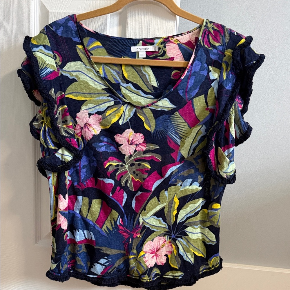 Chico's Tropical Floral Women's Blouse - Navy and Pink - 100% Linen - size 8/10
